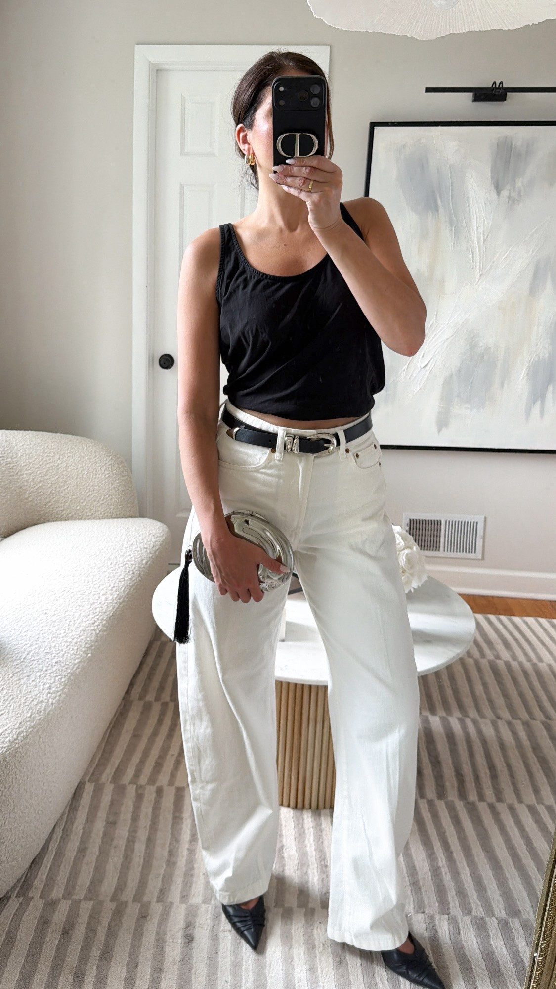 Gap X Victoria, Beckham jeans, run through to size, silver clutch, black belts look for less, scoop neck tank, outfit idea.

#LTKootd