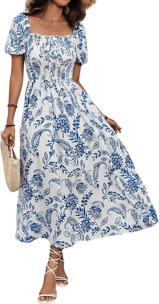 MakeMeChic Women's Boho Allover Print Square Neck Maxi Dress Short Puff Sleeve Shirred High Waist... | Amazon (US)