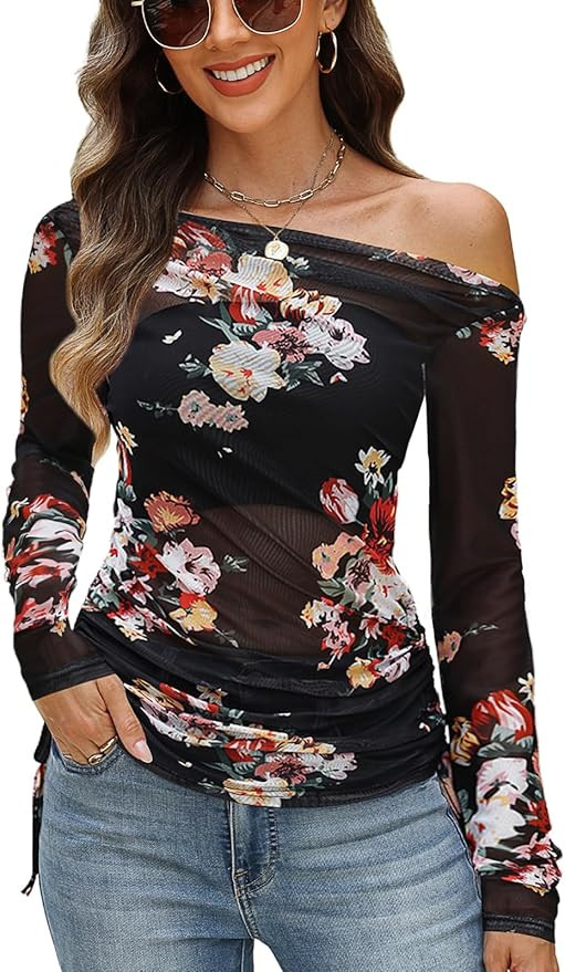 CiCiBird Womens 2025 Fall Off Shoulder Tops Long Sleeve Floral Mesh Shirts Trendy Going Out Outfi... | Amazon (US)