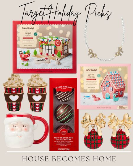 Target holiday picks, gingerbread house, bow necklace, pearl necklace, Christmas earrings, hot cocoa bombs, Santa mug 

#LTKSeasonal #LTKhome #LTKHoliday