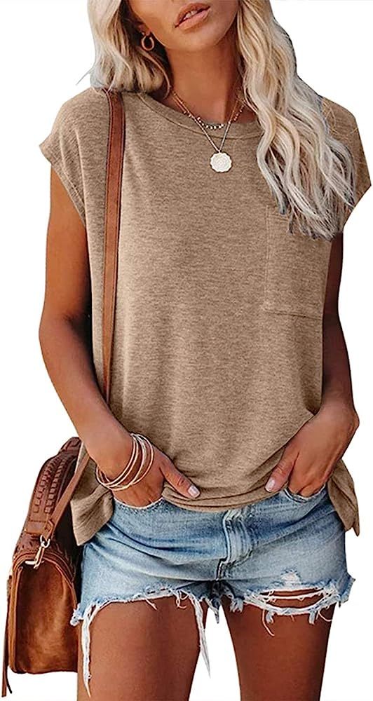 MEROKEETY Women's Casual Cap Sleeve T Shirts Basic Summer Tops Loose Solid Color Blouse | Amazon (US)