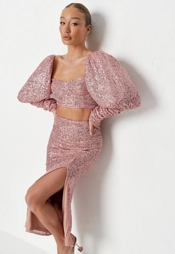 Pink Sequin Ruched Puff Sleeve Top and Skirt Co Ord Set | Missguided (US & CA)