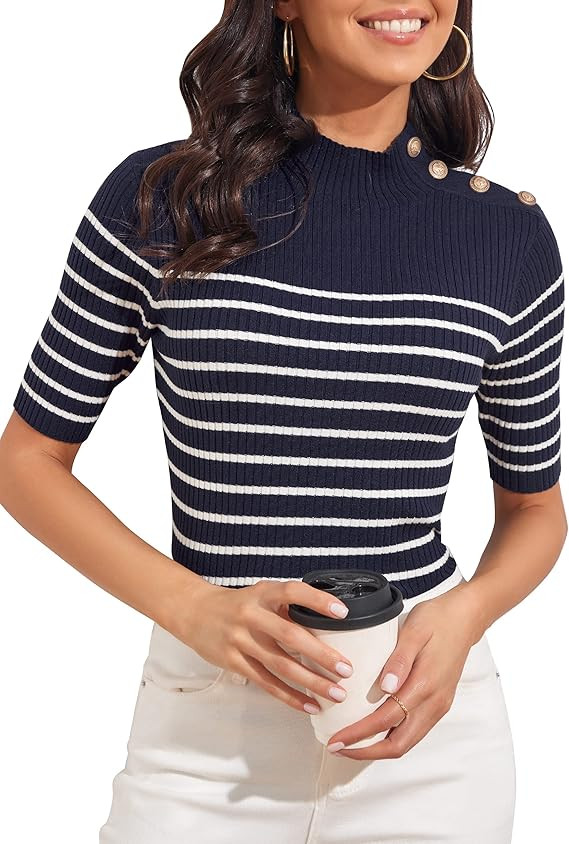 PrettyGuide Women Summer Short Sleeve Sweater Mock Neck Business Casual Shirts Tops Button Slim F... | Amazon (US)