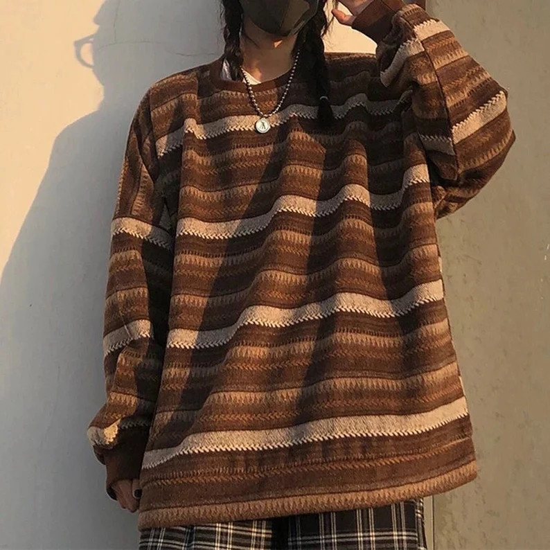 Striped Pullover Women Vintage Sweater Oversize Long Sleeve Couples Loose Tops Hip Hop Streetwear... | Etsy (US)