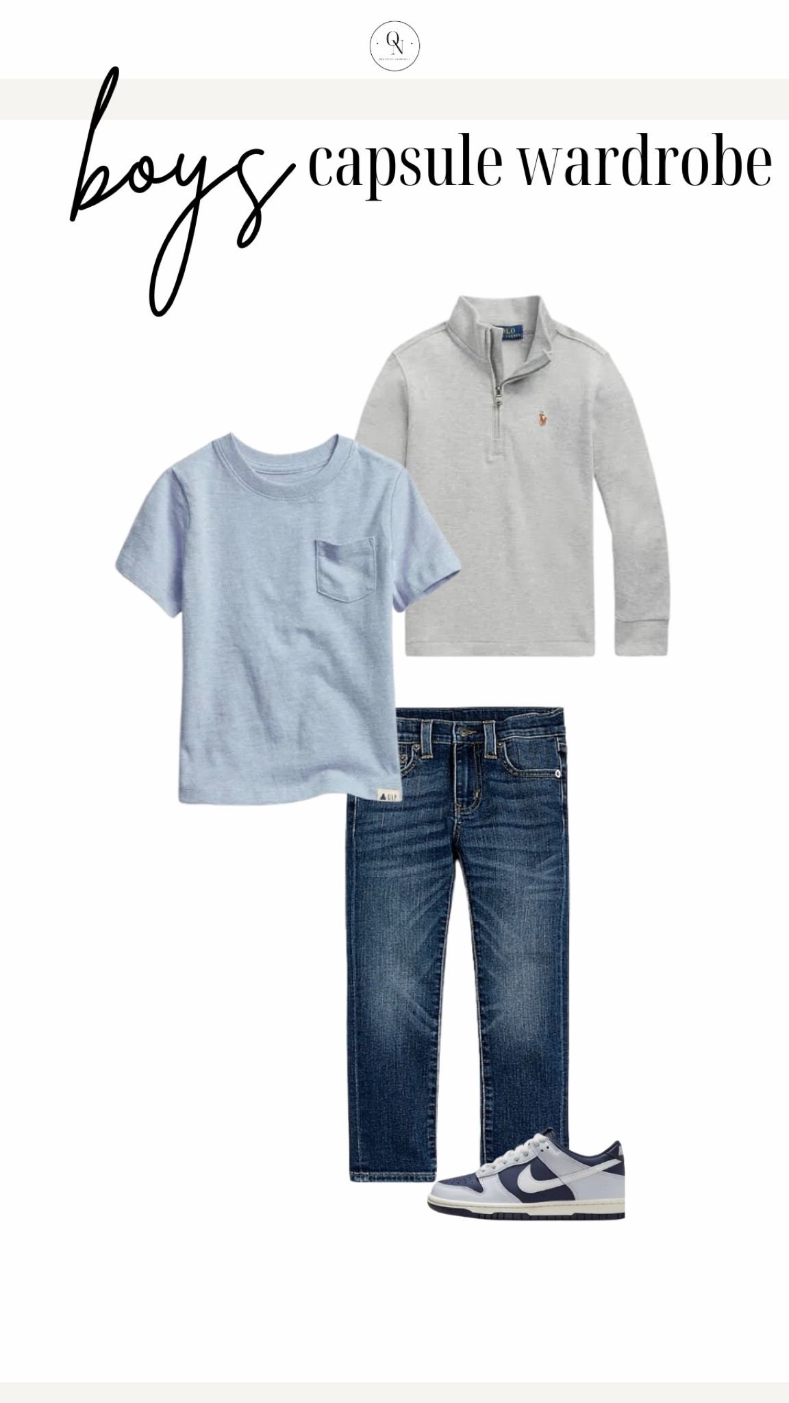 Casual jeans outfit from the Boys capsule wardrobe. Here is a list of recommended items with the number I suggest for each! Remember this is a jumping off point and you should go through your kids clothes and see what they have first before heading to the store.

5x Short Sleeve Tshirts // I recommend a mix of graphic and plain Tshirts.

4x Long Sleeve Tshirts // I recommend a mix of plain and stripe

2x polo shirts // solid blues work well here

Jackets // Windbreaker or rain coat and a pullover 

2x Denim // I recommend one dark and one light. We love target jeans and HM for our boys. 

2x Joggers in grey and navy

5x shorts // I recommend navy, khaki and grey as a base and then fill in with color and pattern for the remaining 3.

1x Dress pants // I love Jcrew for my joys.

Shoes // casual sandals that can get wet like keens, crocs or natives Dress shoes (we love loafers!) and sneakers.

Accessories: An easy to adjust belt, socks for sneakers and socks for dress shoes. 

Spring outfits, kids outfits, outfits for boys, boys capsule wardrobe, kids capsule wardrobe, spring capsule wardrobe, boys outfits

#LTKSpringSale #LTKSeasonal