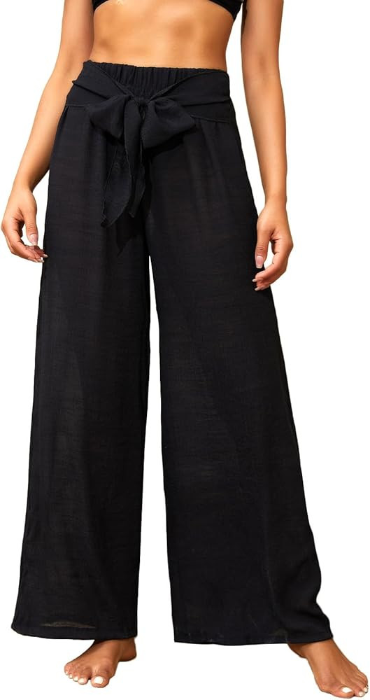Women's Beach Cover Up Pants Mesh Wide Leg Loose Tie Front Elastic High Waist Bathing Suit Beach ... | Amazon (US)