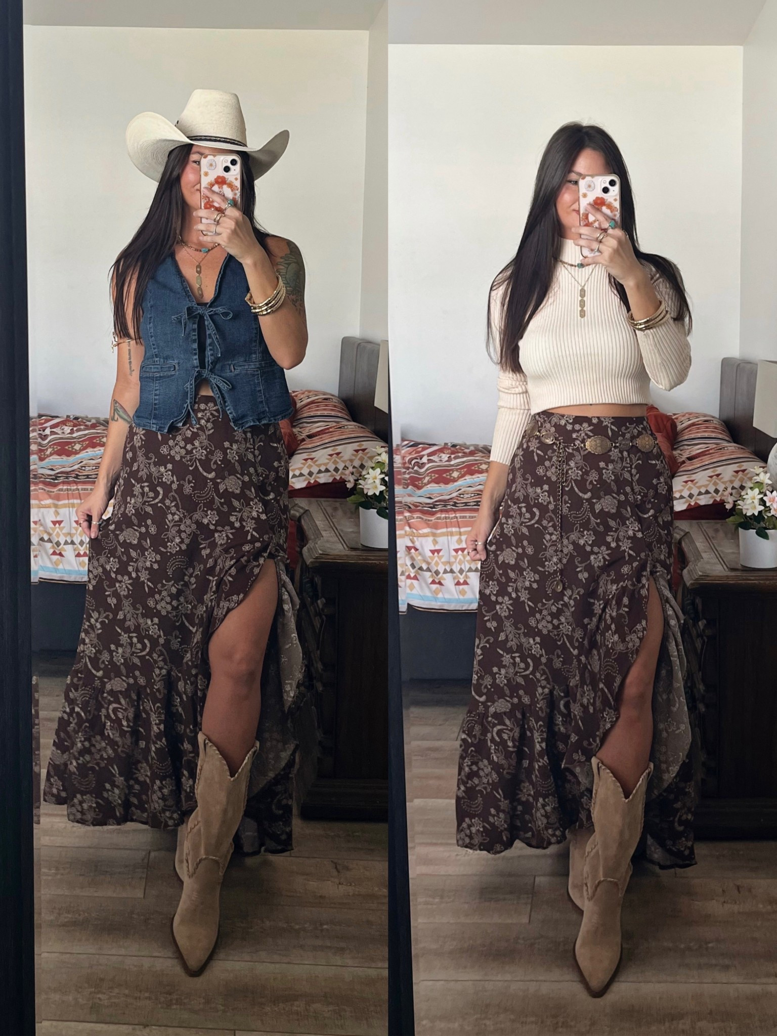Brown slit maxi skirt paired with vest or long sleeve mock neck! Code “lori” to save on boots! Code “lorig30” to save on mock neck top! Wearing xs in all

#LTKPetite #LTKStyleTip #LTKFallSale