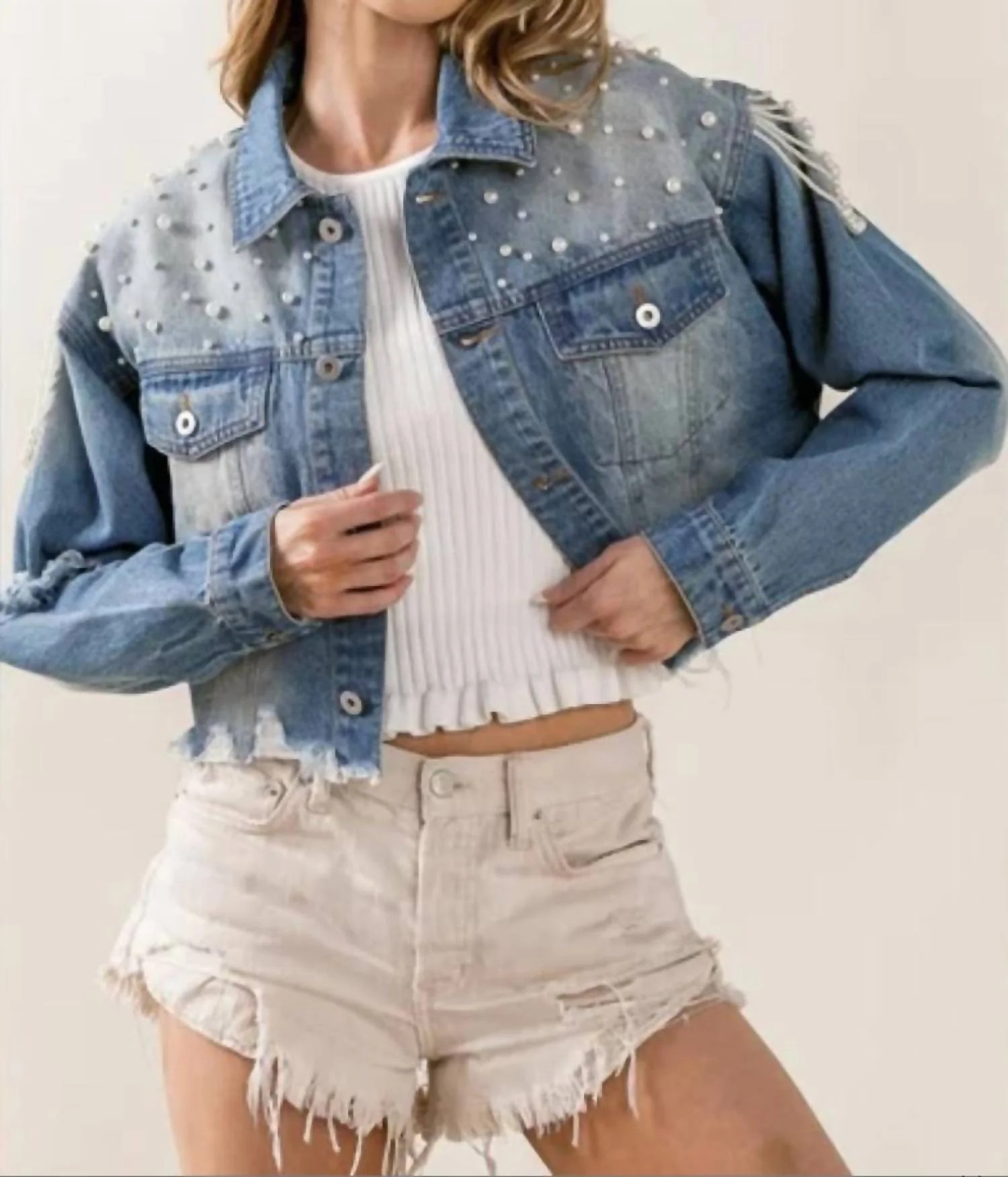 Little Miss Priss Pearly Cropped Denim Jacket In Blue | Shop Simon