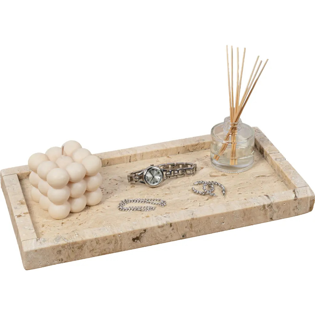 HAPPIMESS Luxe Stone Classic Minimalist Rectangular Marble Bathroom Countertop Tray in Travertine Marble at Nordstrom | Nordstrom