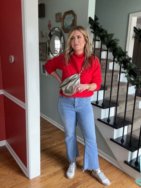 Outfit #2 of styling holiday outfits ❤️ In an effort to feel like myself and keep myself out of sweatpants. Here we go with a bright red sweater and light wash jeans and metallic accessories for Xmas Eve 

#LTKSeasonal #LTKHoliday #LTKfindsunder100