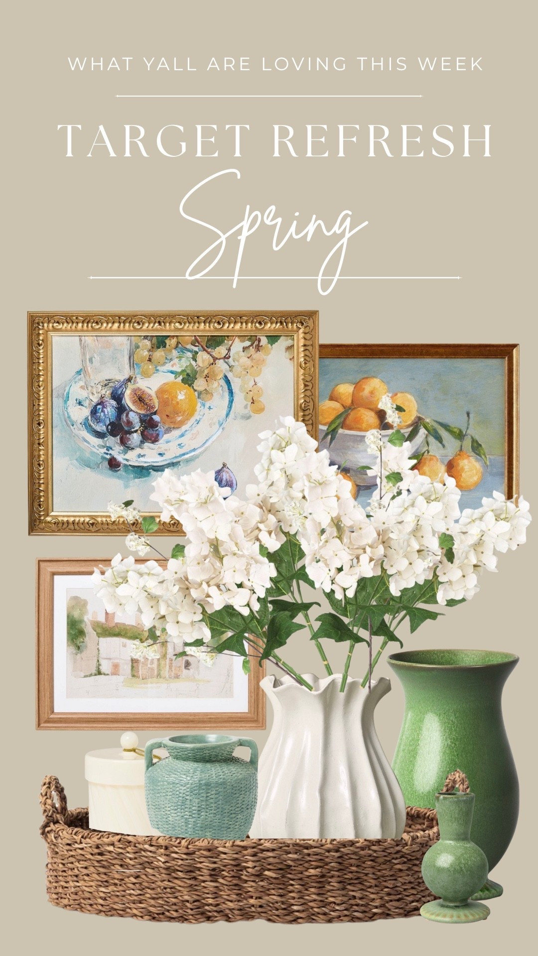 Probably the most beautiful gold framed seasonal art I’ve seen yet at Target! Love the gorgeous green vases too— those colors with a light/ dark blue are the Spring 2026 pallete! 

•
•
Target home decor, spring living room styling, coffee table styling, faux florals stems, cream neutral home, vase centerpiece styling, entryway table decor, spring refresh, plants, gold framed canvas art, concrete pots for plants, greenery, spring florals, hydrangeas , guest room bedding


#LTKHome