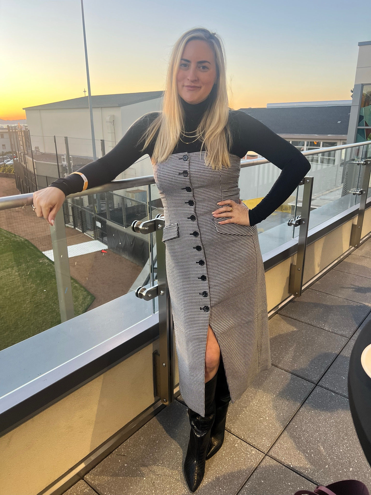 Gingham dress | black bodysuit | black stretchy turtleneck bodysuit | knee high boots 