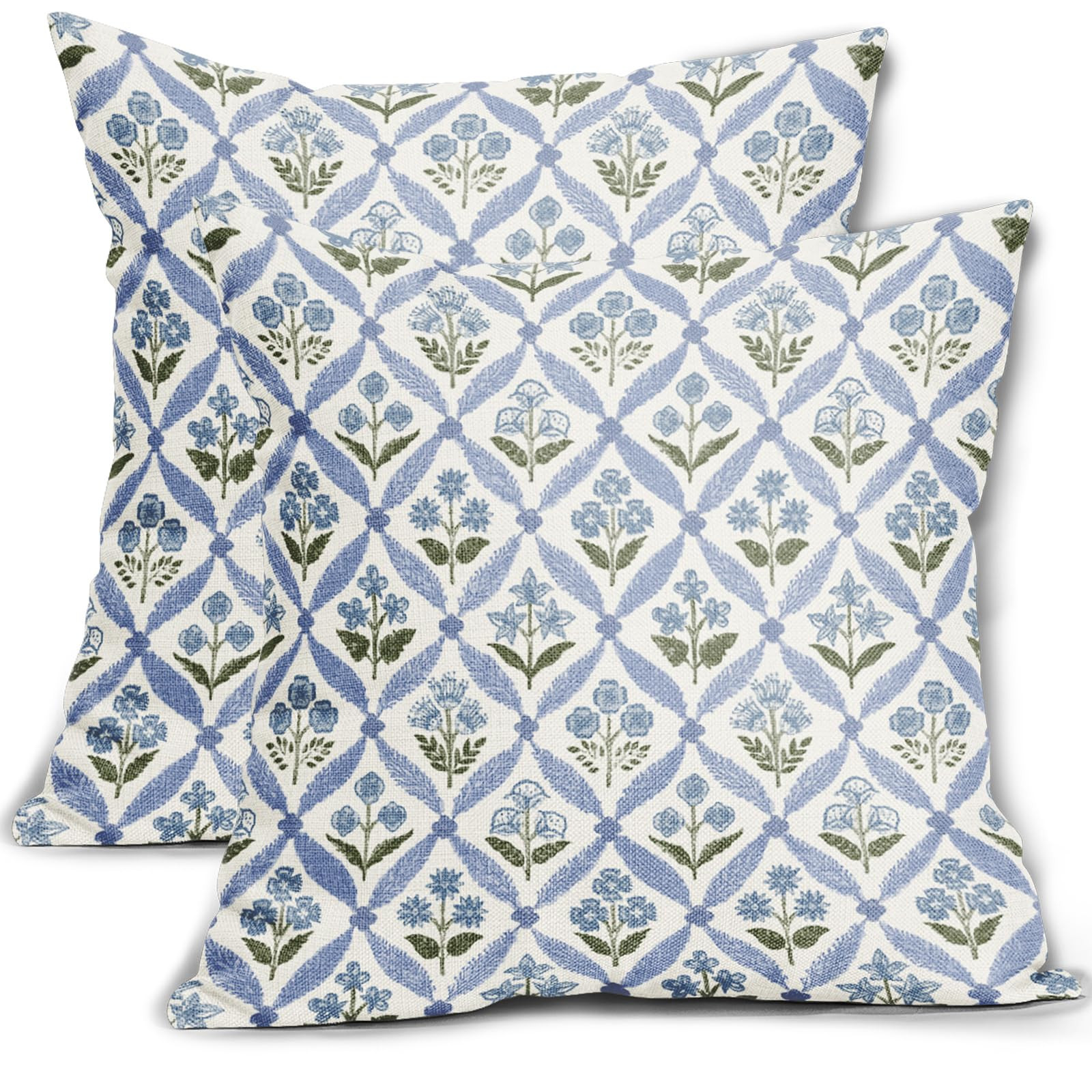 Blue Green Floral Block Print Pillow Covers 18X18 Set of 2, Flower Pattern Spring Summer Print De... | Amazon (US)