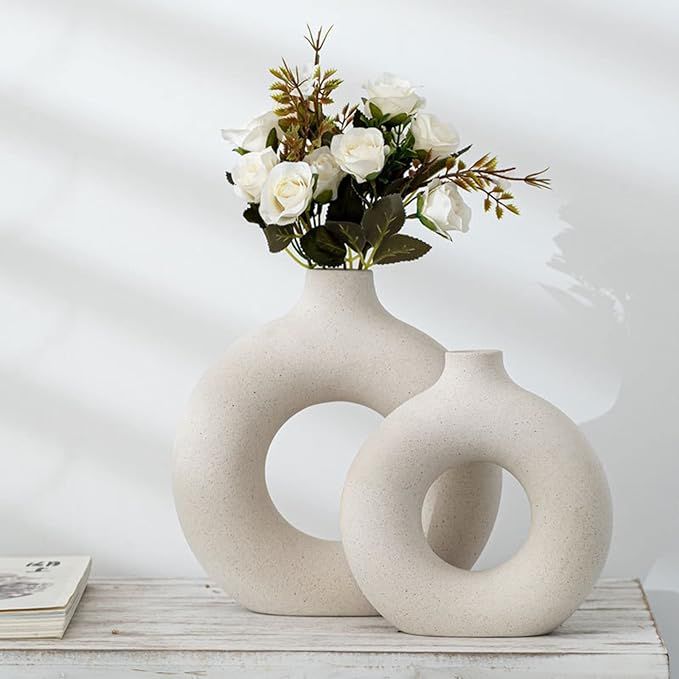 Leicofay Ceramic Hollow Donut Vase Set of 2, Off White Vases for Decor Nordic Minimalism Style De... | Amazon (US)