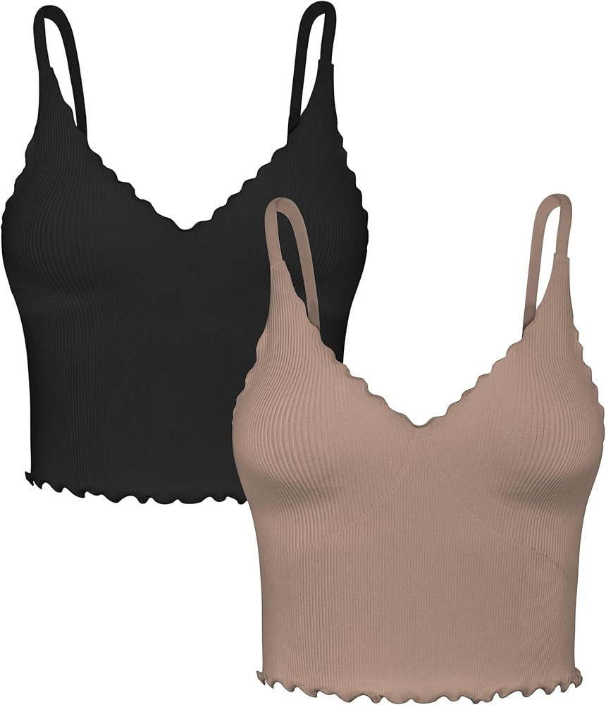 Sunzel Tank Top for Women, V Neck Seamless Ribbed Crop Camisole with Ruffles | Amazon (US)