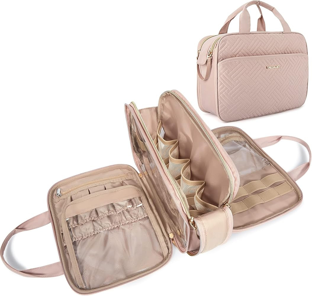 Travel Toiletry Bag, Bagsmart Large Makeup Cosmetic Bag Water-resistant Travel Organizer for Full Si | Amazon (US)