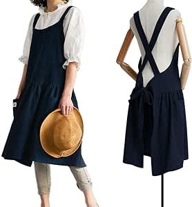 Cotton Linen Cross Back Apron for Women with Pockets for Cooking Baking Navy Blue with Waist Ties | Amazon (US)