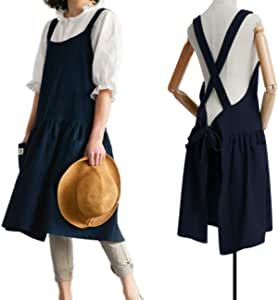 Cotton Linen Cross Back Apron for Women with Pockets for Cooking Baking Navy Blue with Waist Ties | Amazon (US)