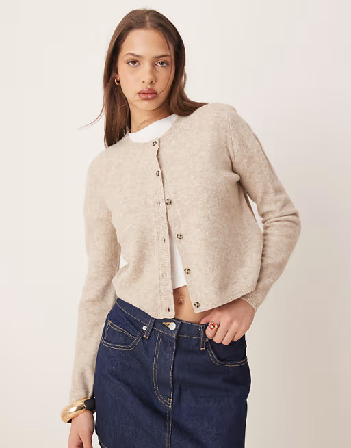 JDY crew neck wool blend cardigan in beige | ASOS (Global)