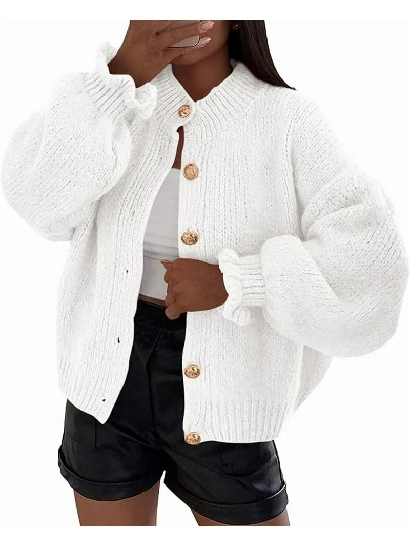 PRETTYGARDEN Womens Cropped Cardigans Trendy Ruffle Open Front Chunky Knit Sweater Oversized Butt... | Walmart (US)