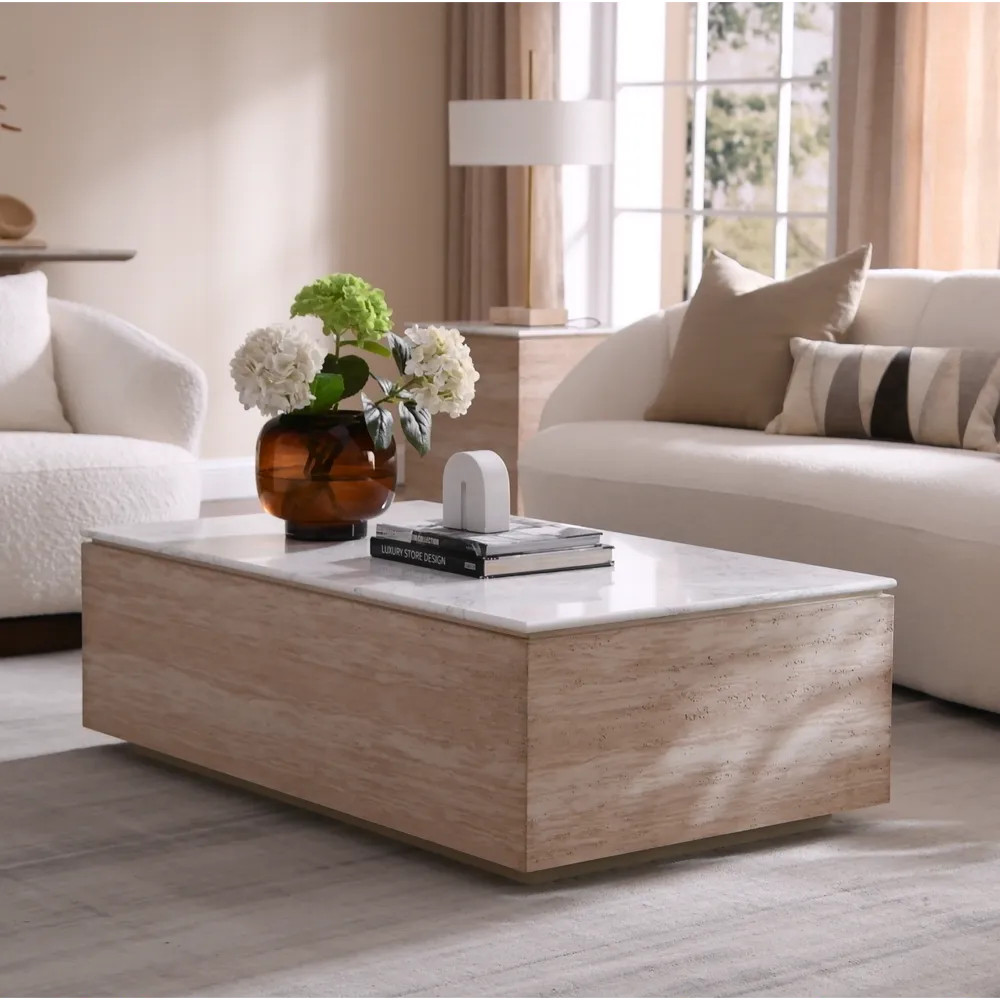 Renata 47" Travertine-Textured Coffee Table | Hernest