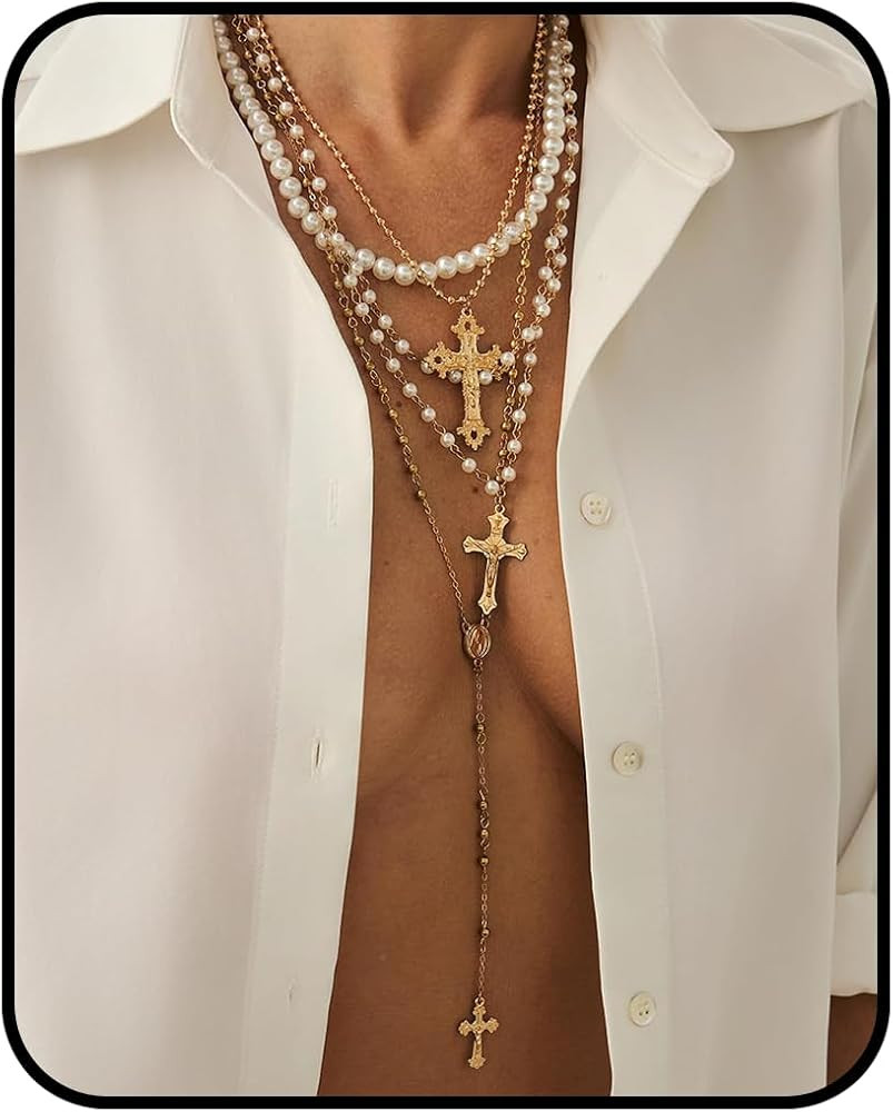 Layered Cross Necklace Set for Women – Vintage Gold Pearl Choker, Multi-Strand Chain with Relig... | Amazon (US)