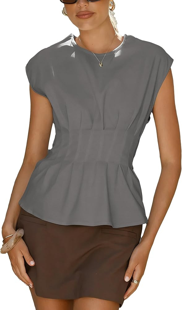 Women's Peplum Tops Short Sleeve Summer Blouses T-Shirts Dressy Casual Crew Neck Pleated Babydoll... | Amazon (US)
