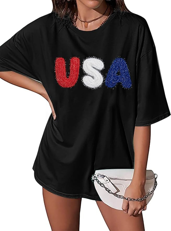 Oversized USA Shirt Women USA Flag T-Shirt Patriotic Shirt American Proud Tee 4th of July Short S... | Amazon (US)