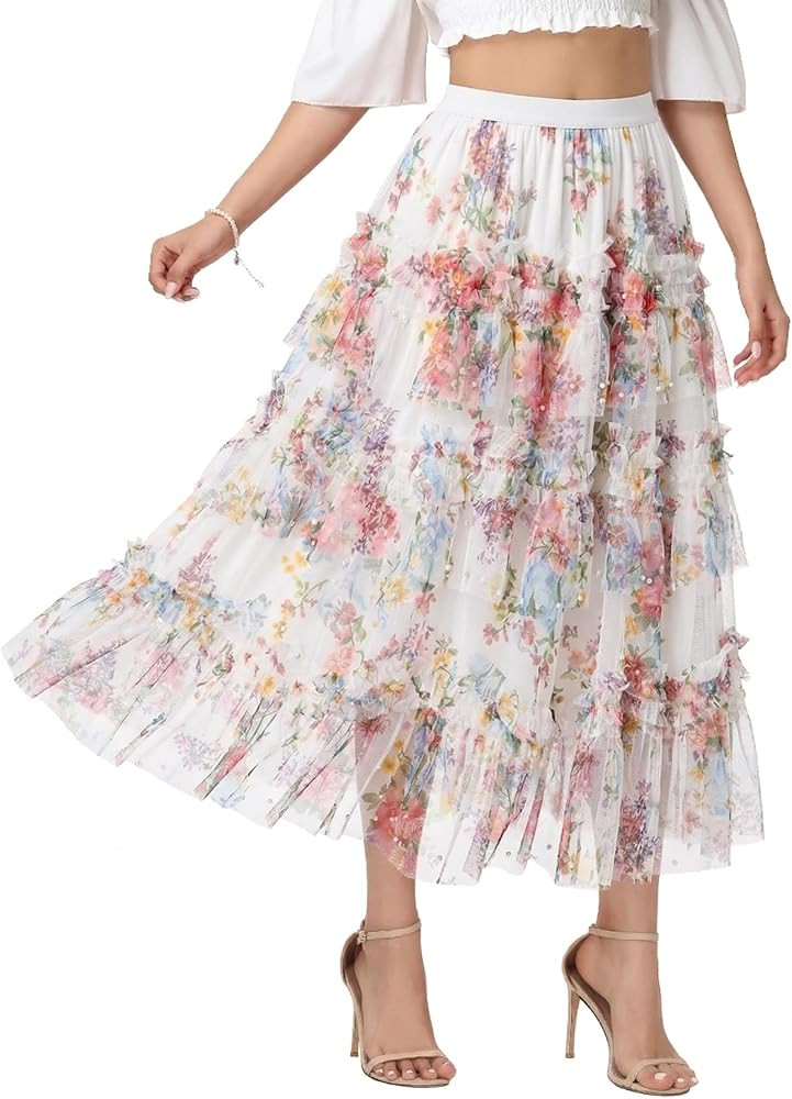 Sparkly Tulle Skirt for Women Floral Beaded Tiered Midi Length High Waist A Line Fairy Cake Party... | Amazon (US)