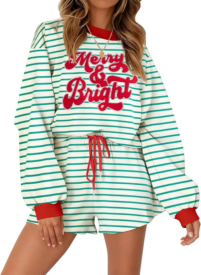 Women 2 Piece Outfits Christmas Sweat Shorts Sets 2025 Oversized Casual Lounge Matching Set Sweat... | Amazon (US)