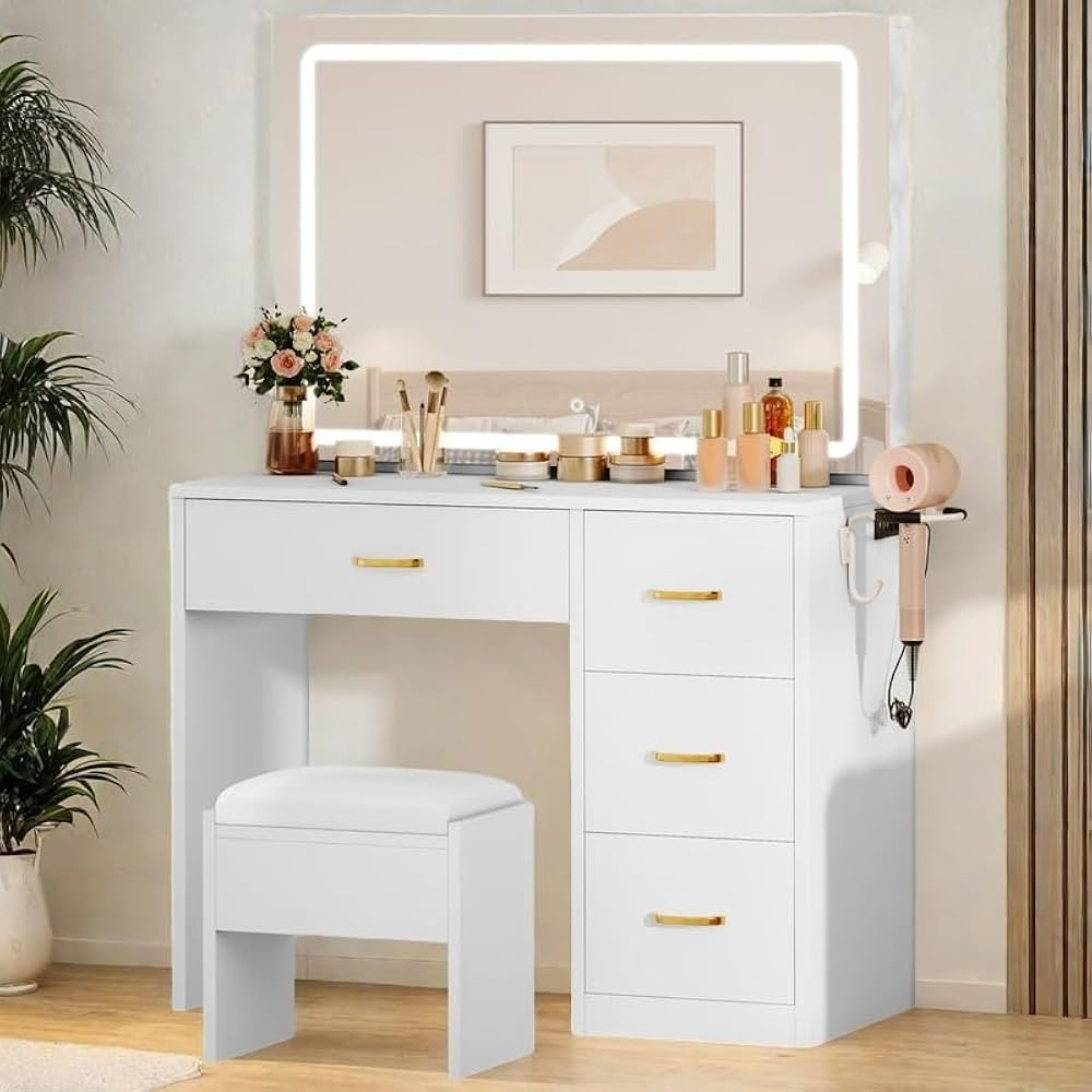 DWVO Vanity Desk with Large Lighted Mirror and Power Outlet, Makeup Vanity with LED Strip, 3 Colo... | Amazon (US)