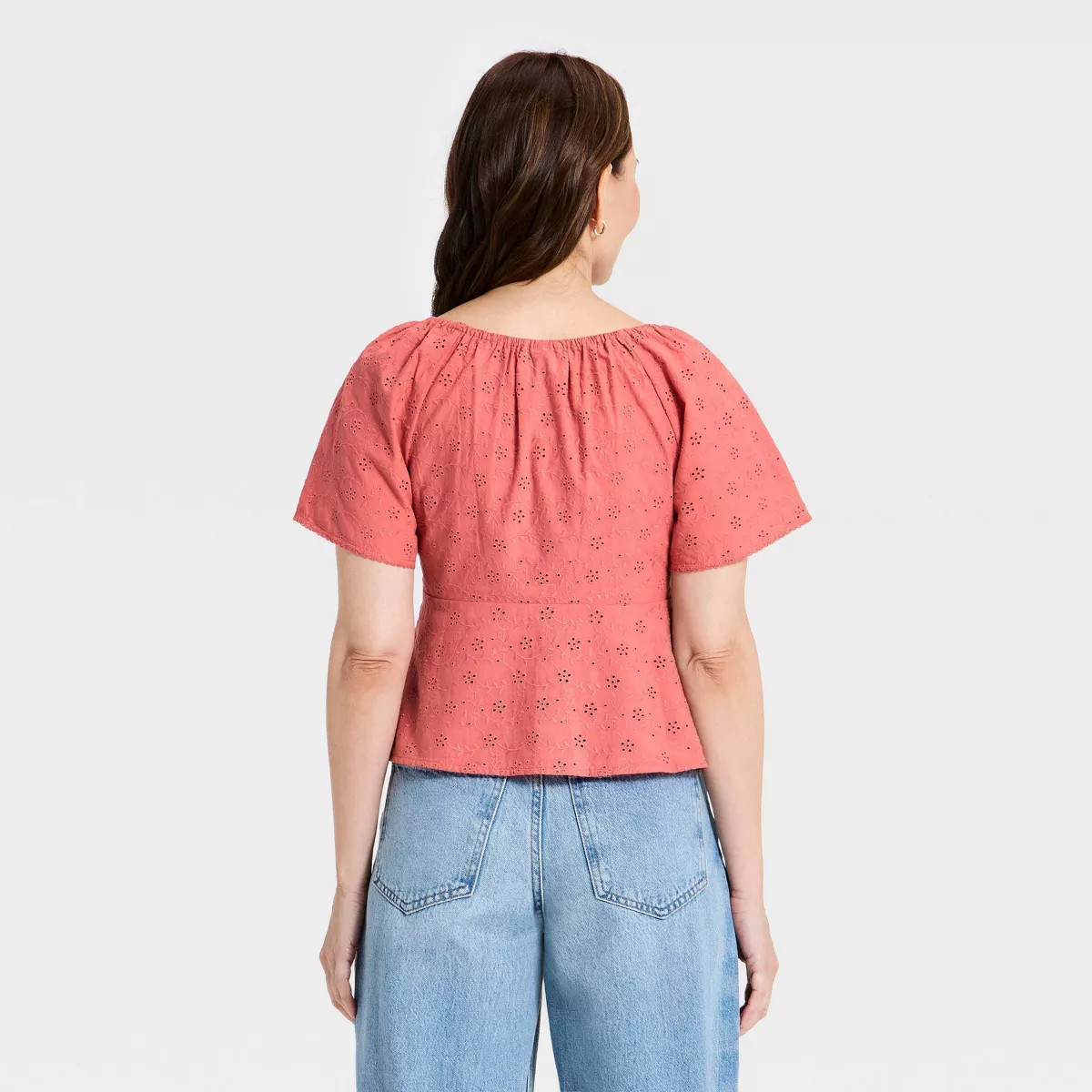 Women's Short Sleeve Eyelet Scoop Neck Blouse - Universal Thread™ Pink S | Target