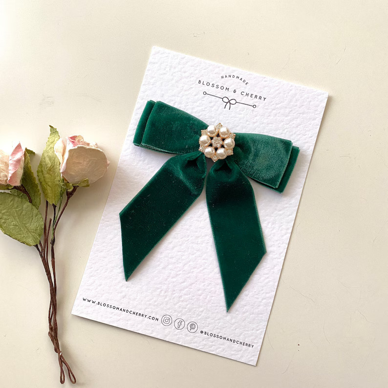Green Pearl Rhinestone Velvet Short Tail Hair Bow, Velvet Hair Tie, Short Tail Bow, Bridesmaid Bo... | Etsy (US)