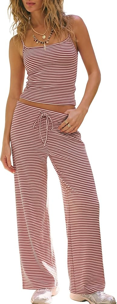 Darong Women's 2 Piece Matching Lounge Set Striped Sleeveless Top Wide Leg Pants 2026 Travel Clot... | Amazon (US)