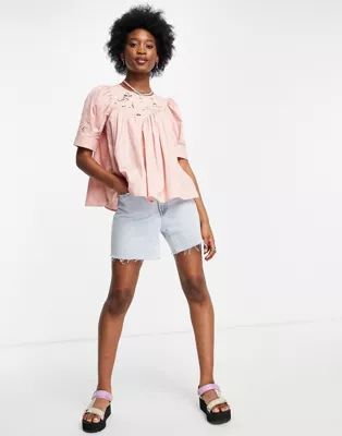 ASOS DESIGN short sleeve cotton top with floral cutwork in dusty pink | ASOS (Global)