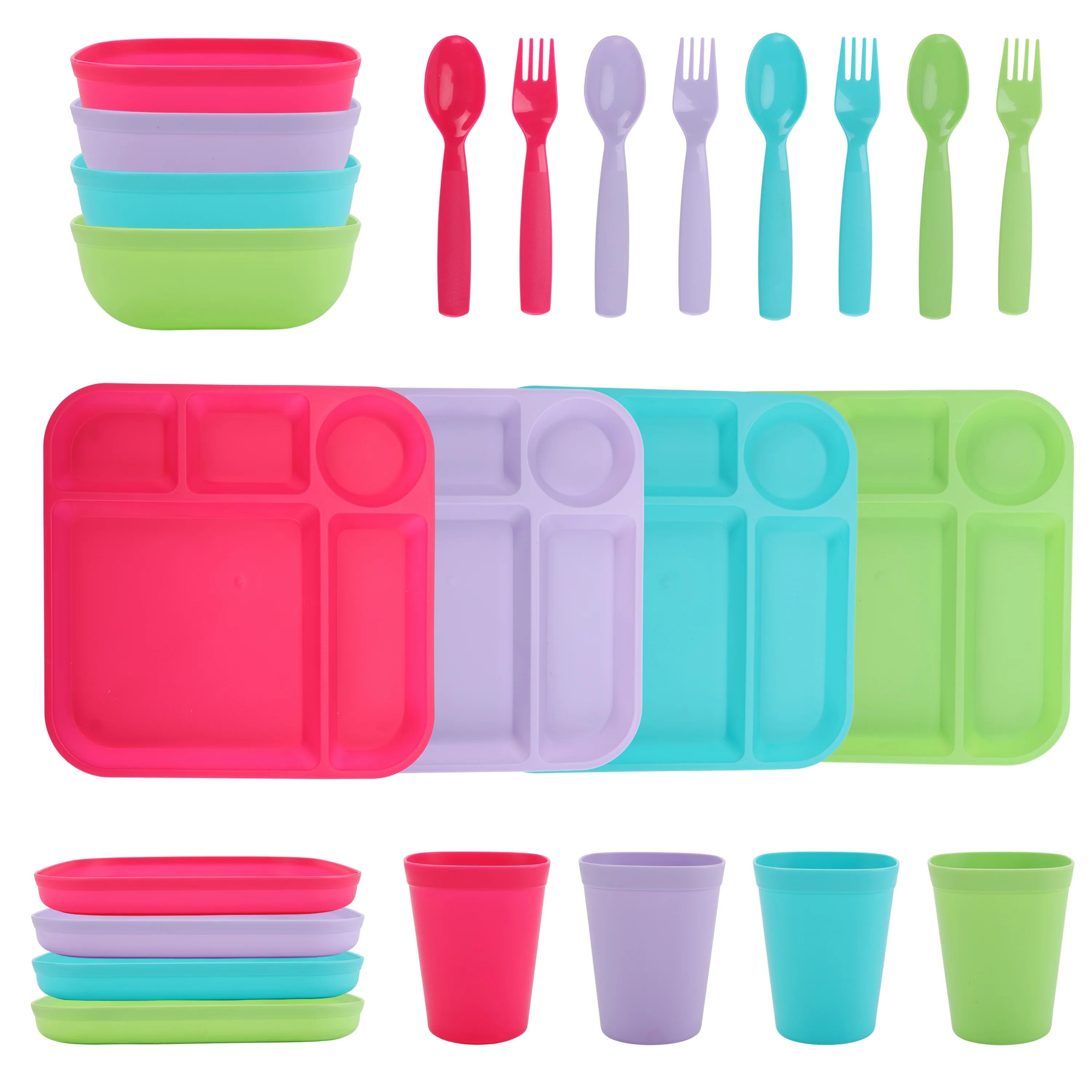 Your Zone 24 Piece Plastic Dinnerware Set for Kids with 4 Each Trays, Bowls, Plates, Cups, Forks,... | Walmart (US)