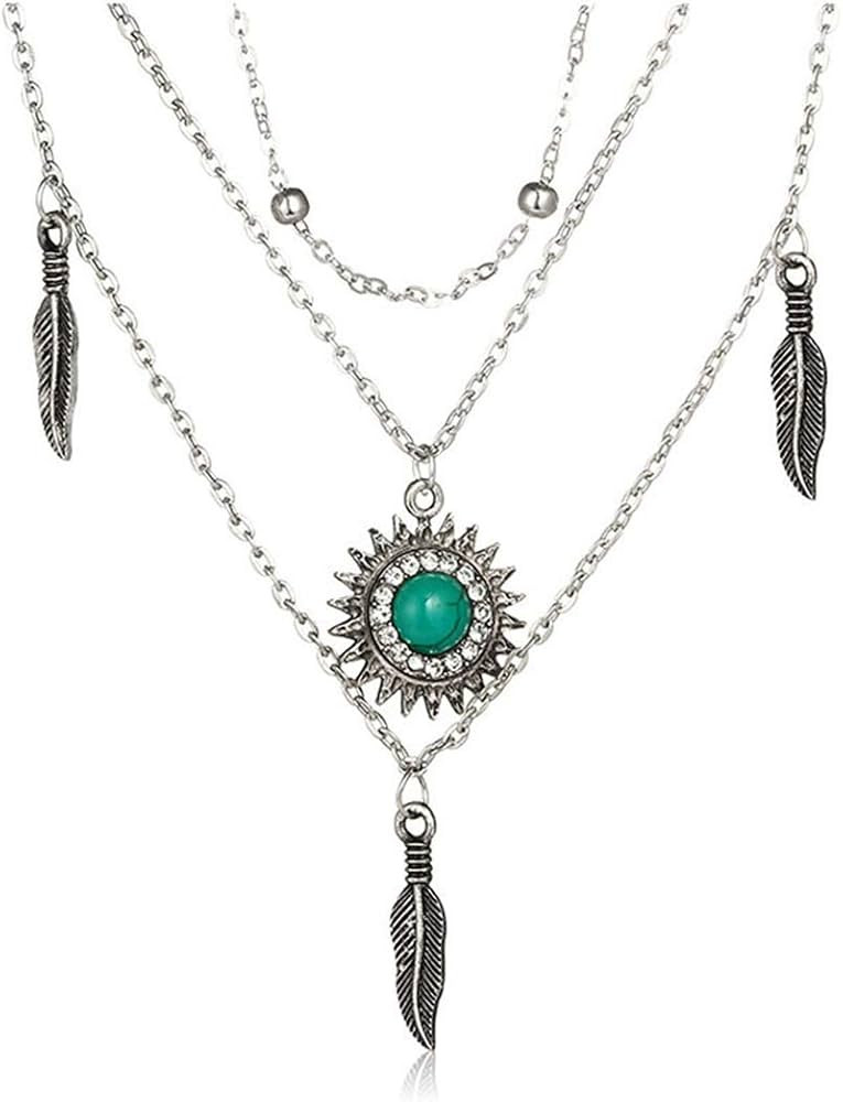 Moon Leaf Turquoise Necklace Boho Layered Hamsa Hand Pendant Necklace Crystal Hexagonal Necklace Crescent Leaf Turquoise Western Costume Jewelry for Women Girls | Amazon (US)