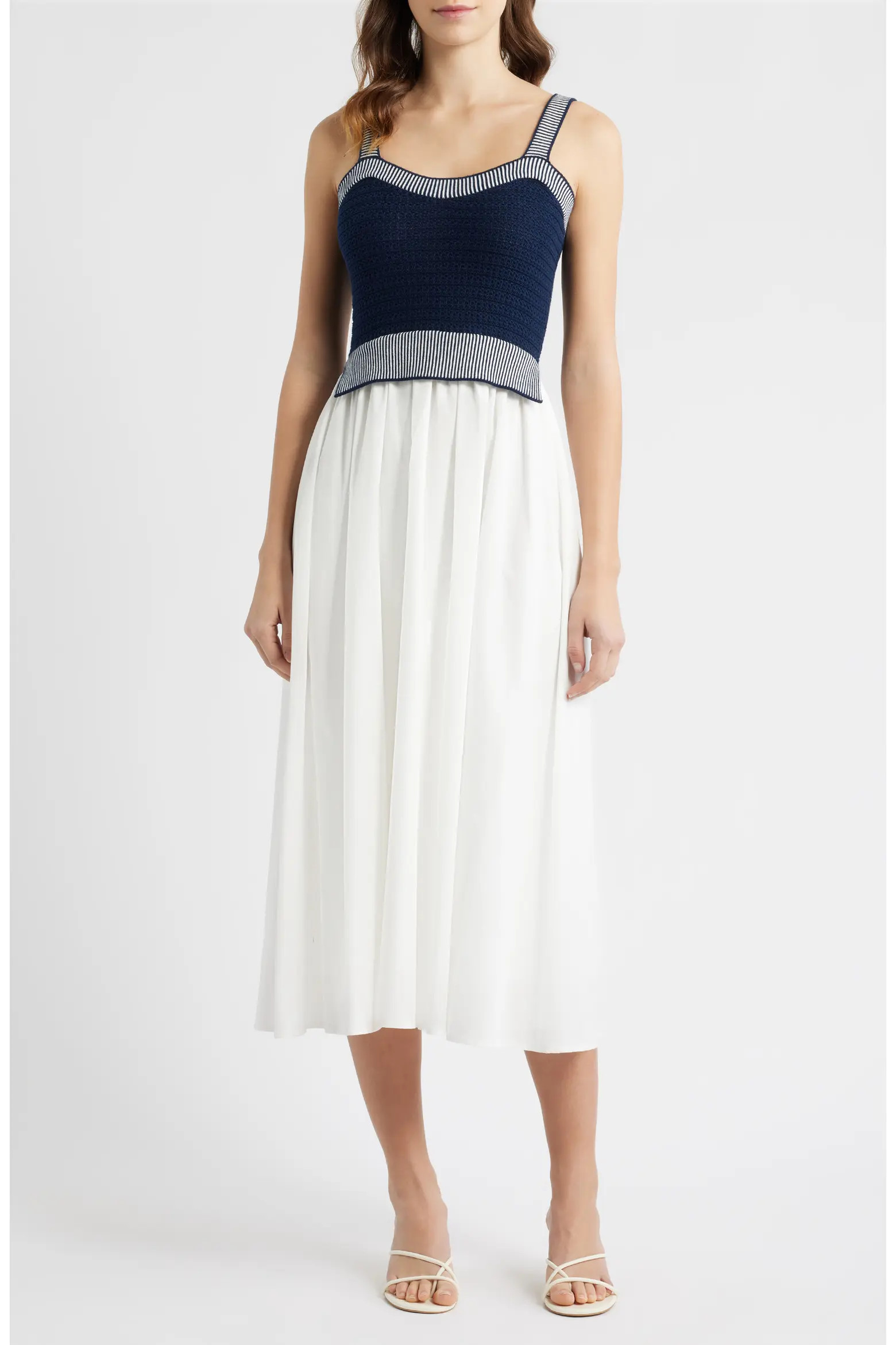 MOON RIVER Crochet Top Mixed Media Midi Dress (Women) | Nordstrom | Nordstrom