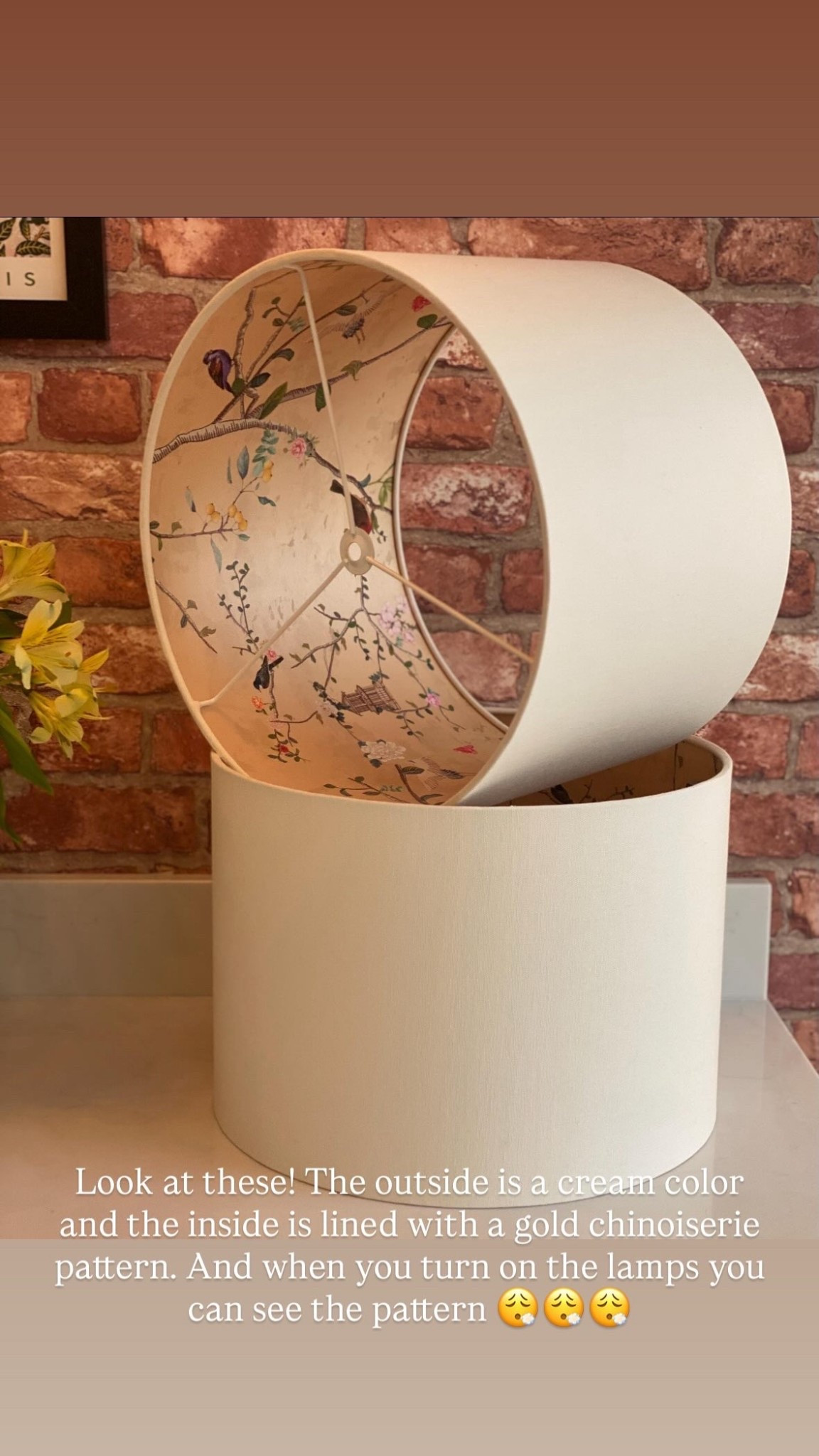 Look at these! The outside is a cream color and the inside is lined with a gold chinoiserie pattern. And when you turn on the lamps you can see the pattern 😮‍💨😮‍💨😮‍💨