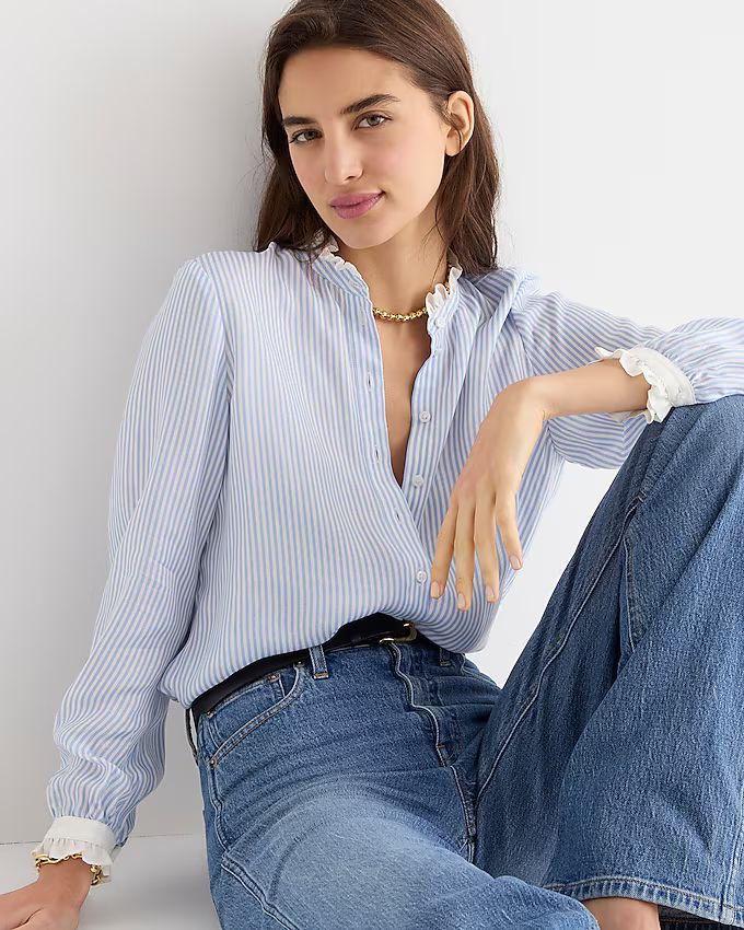 Drapey cupro-blend ruffle-trim shirt in stripe | J.Crew US