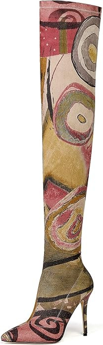 vivianly Women's Sexy Printed Stretchy Thigh High Boots Pointy Toe Stiletto Heel Booties Over The... | Amazon (US)