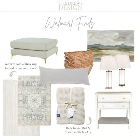 Shop Walmart home decor, bedding, and furniture finds. Pottery barn dupe glass and brass table lamps, soft loloi rug, white jute rug, ottoman, white washed bedside table with drawers, baskets, landscape wall art on canvas 

#LTKfamily #LTKstyletip #LTKhome