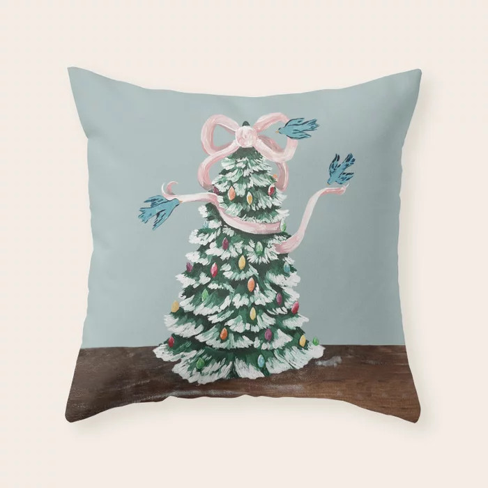 Christmas Tree Decorating in Flight Throw Pillow | Society6