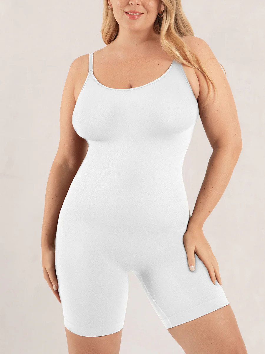 Shapermint Essentials All Day Every Day Scoop Neck Mid-Thigh Bodysuit Shapewear White S | Shapermint