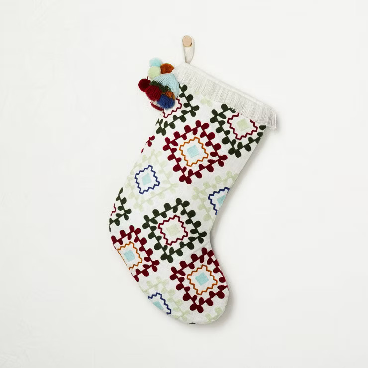 8" x 20" Geometrical Embroidery with Tassels and Pompom Trim Stocking - Opalhouse™ designed wit... | Target