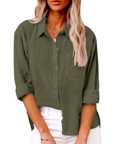 AKEFUN Womens Summer Linen Shirts Casual Button Down 2026 Long Sleeve Cotton Top Blouse Shirt with Pocket Army Green | Amazon (US)