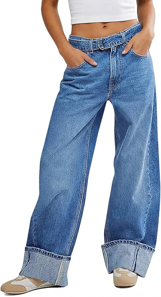 Tankaneo Womens Wide Leg Cuffed Jeans Trendy High Waisted Baggy Boyfriend Casual Denim Pants with... | Amazon (US)