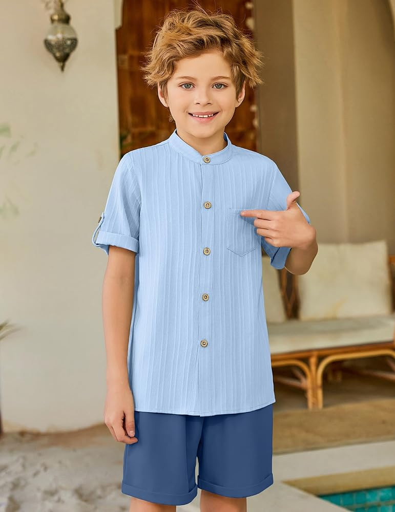 Arshiner Boy's 2 Piece Beach Outfit Short Sleeve Textured Button Down Shirt and Short Sets Summer... | Amazon (US)