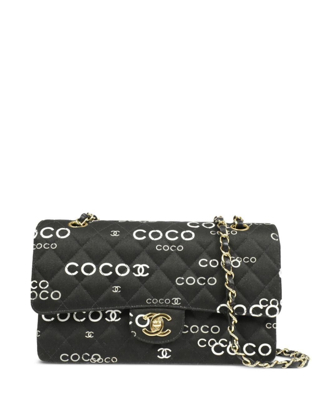 CHANEL Pre-Owned 2002 Coco-Print Double Flap shoulder bag - Black | Farfetch Global