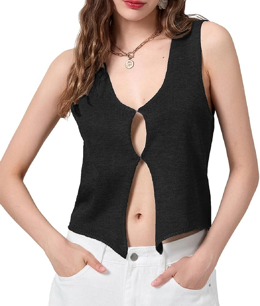 Womens Vintage Knittd Tank Y2k Vest Crop Top Sleeveless V-Neck Open Front Button Crochet Knit Ves... | Amazon (US)
